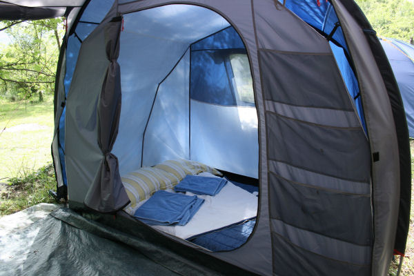 Oak Leaf Lodge - €20 per person per nightAiry, two roomed, 4 person tent with head height central area, two canopy porch entrances, storage pockets, mosquito netted sleeping compartments and vents. Foam mattresses & bedding included.